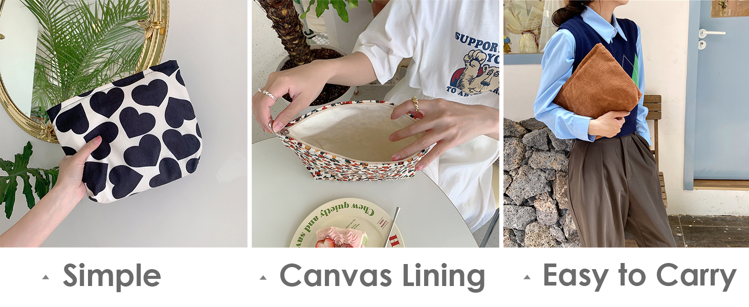 simple canvas lining easy to carry makeup pouch for women