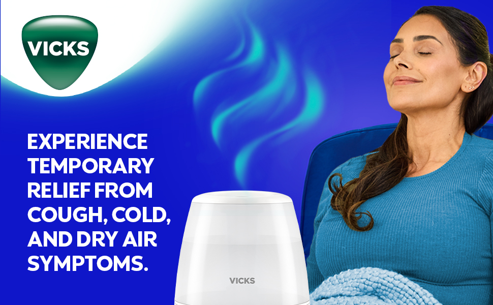 Women experiencing comfort from cough, cold and dry air symptoms using Vicks Humidifier V4600