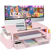 AUPSEN Pink Desk Organizers and Accessories, 2-Tier Wood Computer Monitor Stand with Drawer, Pen ...