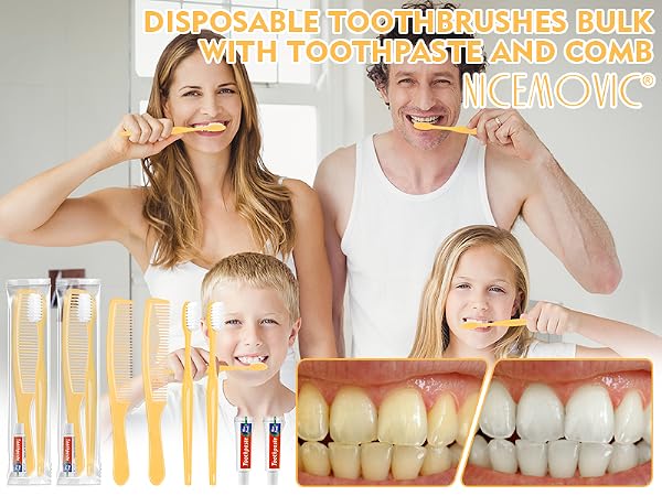 Yellow Disposable Toothbrushes Bulk with Toothpaste and Comb
