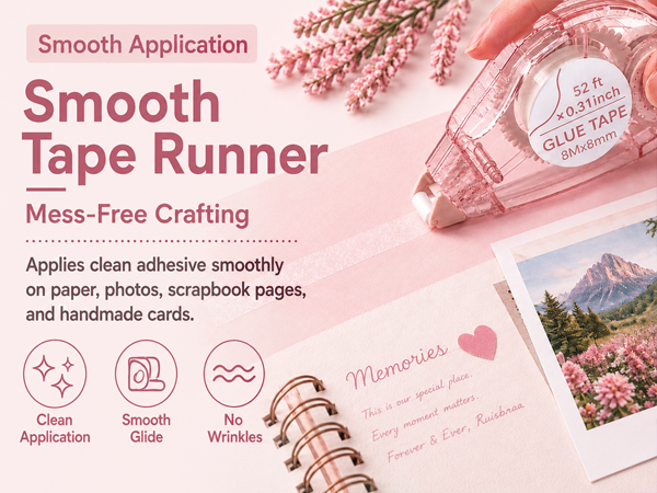 Smooth tape runner applying clean adhesive to paper, photos, scrapbook pages and handmade cards.