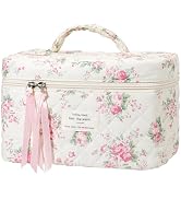 senbowe Large Quilted Makeup Bag, Cotton Quilted Floral Cosmetic Bag for Women, Cute Floral Coque...