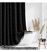 Dynamene Boho Farmhouse Shower Curtain, Black Fabric Chenille Tufted Geometric Striped Textured C...