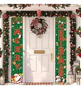 Merry Christmas Banner Sign, Green Plaid Christmas Welcome Porch Signs Christmas Door Banner Outd...