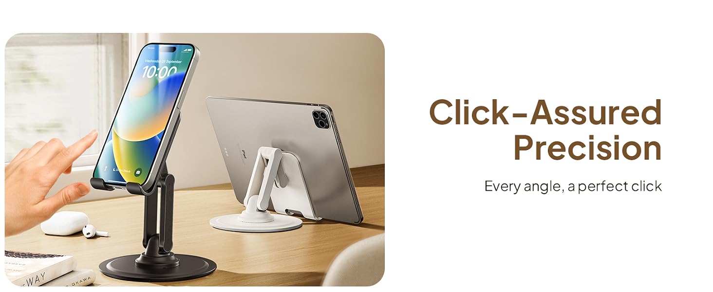 Adjustable cell phone stand for desk, ensuring stability and precision for hands-free convenience.