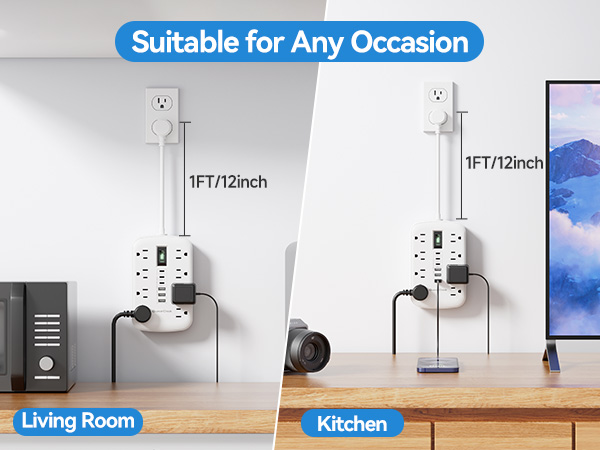 1 FT Short Extension Cord Surge Protector-8 AC Outlets with 6 USB Ports (3 USB-C)