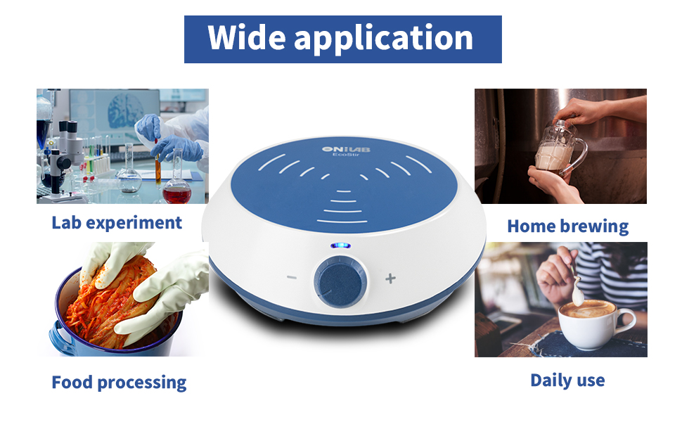 Text reads 'Wide application'. Blue circular device shown with surrounding usage scenarios: lab experiments, home brewing, food processing, and daily use applications.
