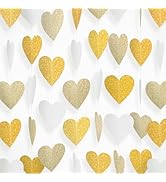 Paper Heart Garland - Larger Heart 2.8 Inch 52 FT 4 Strands - White-Gold Champagne Hanging Stream...