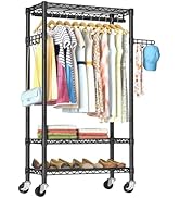 Heavy Duty Clothes Rack Rolling Garment Rack,3 Tier Adjustable Wire Shelving Clothing Racks for H...