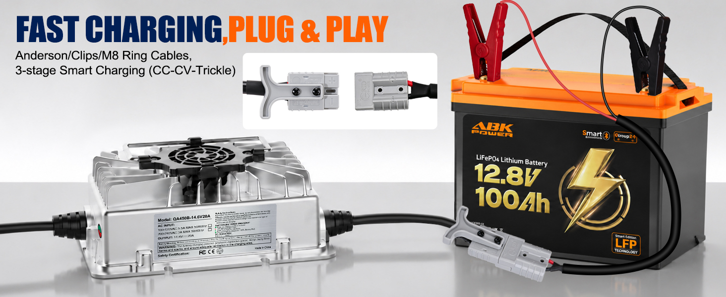 ABKpower 14.6V 20A LiFePO4 Battery Charger, AC-DC Smart Charger with Anderson Connector