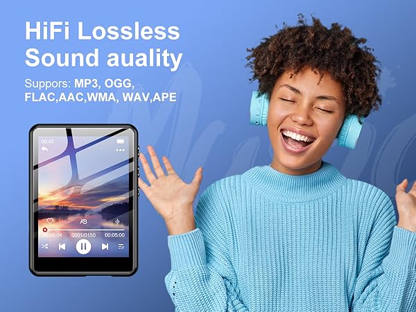Portable music player with HiFi lossless sound quality, supporting multiple audio formats. Device shown playing sunset scene. Turquoise headphones displayed. Supports MP3, OGG, FLAC, AAC, WMA, WAV, APE formats.
