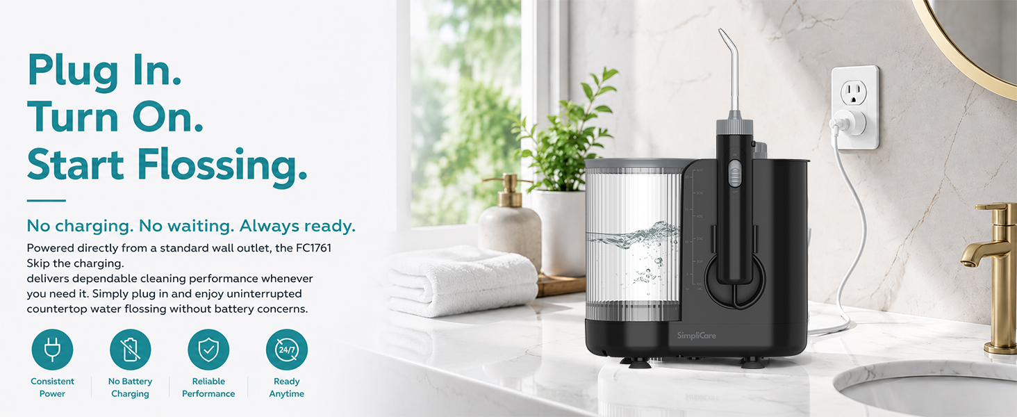 SimpliCare FC1761 countertop water flosser with 10 pressure levels, 600ml tank and 8 tips.