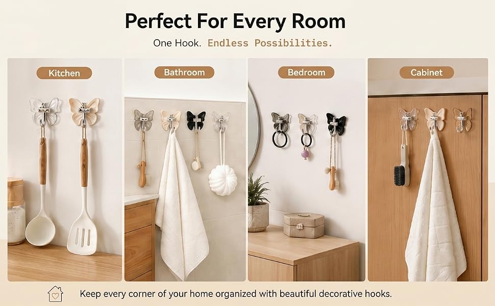 Butterfly wall hooks used in bathroom, kitchen, bedroom and cabinet.