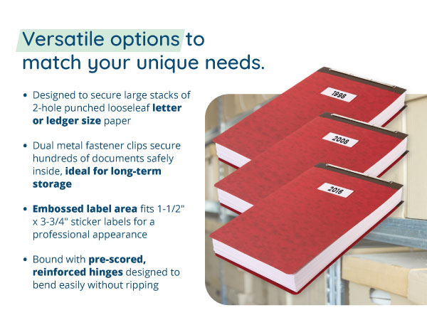 Pressboard report cover feature descriptions with image of long term storage
