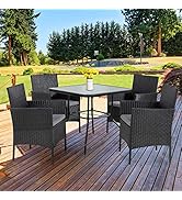 Shintenchi Outdoor Patio Furniture 5-Piece Indoor Outdoor Wicker Dining Set, Square Tempered Glas...