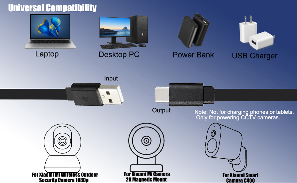 33FT USB C extension cable for CCTV security cameras, waterproof power supply cord with charging