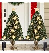 Juegoal 2 Pack Pre-Lit Artificial Christmas Trees, 3 FT Lighted Green Optical Fiber Entrance Tree...
