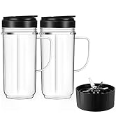 2 Pack Magic Bullet Blender Cups, Tall 22oz Cups Mugs Flip Top To-Go Lids & 4 Fins Cross Blade wi...