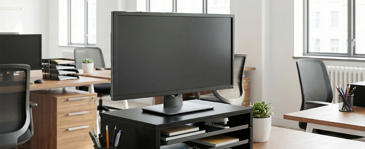 Fenge Monitor Stand, Monitor Riser with Slide-Out Tray, Wooden and Metal Desk Organizer