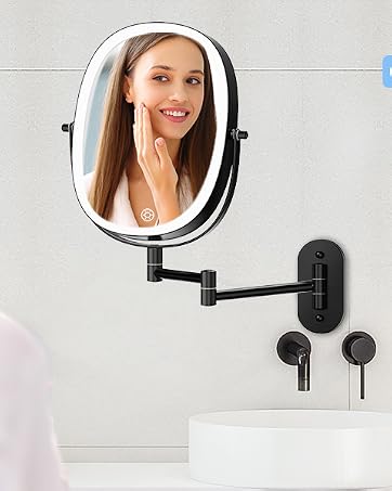 Wall-mounted makeup mirror with LED lighting. Features include rechargeable battery, 360-degree rotation, and magnification. Brand name visible in image corner.