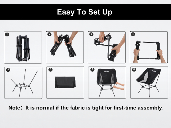 Step by step setup of folding camping chair showing frame assembly and seat installation