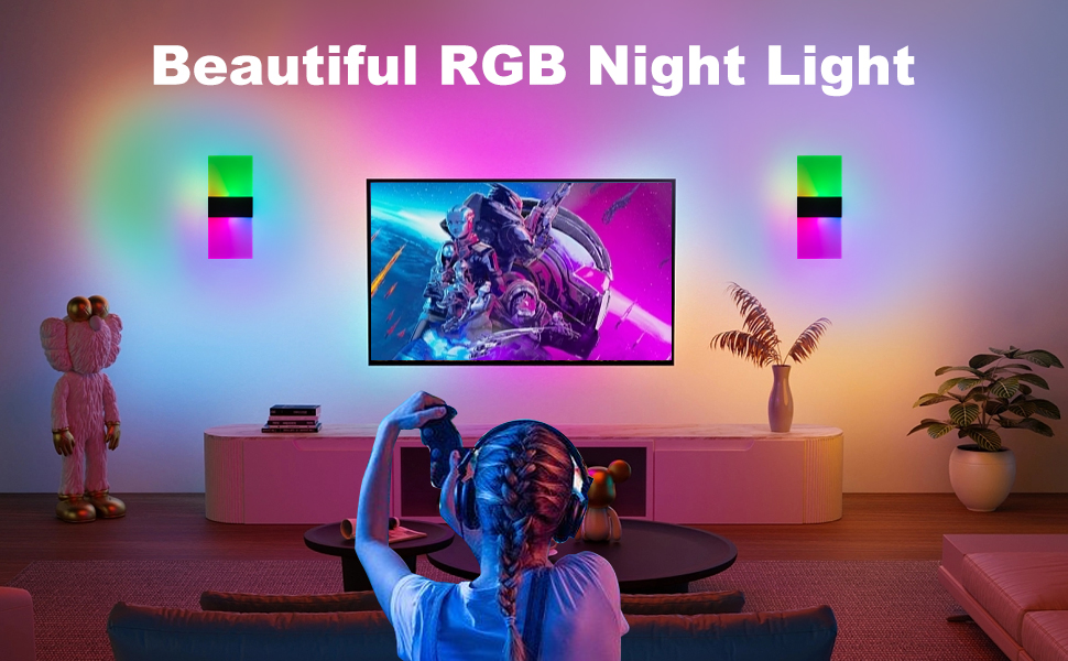 RGB night light setup with TV and wall-mounted lights. Colorful ambient lighting creates vibrant atmosphere in living room or gaming area.