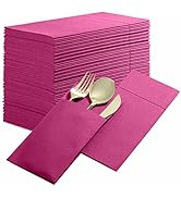 50-Pack Disposable Linen-Feel Dinner Napkins with Built-in Flatware Pocket, FUCHSIA Prefolded Clo...