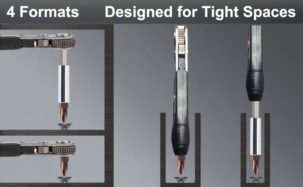 Four screwdriver formats designed for tight spaces. Close-up views show various bit configurations and lengths, emphasizing slim profiles for accessing confined areas.