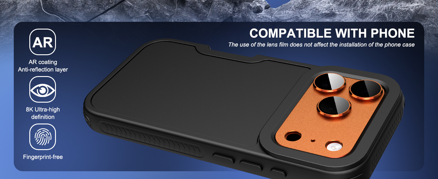 Text reads 'COMPATIBLE WITH PHONE'. Product demonstration showing smartphone compatibility with dark interface overlay and AR features.