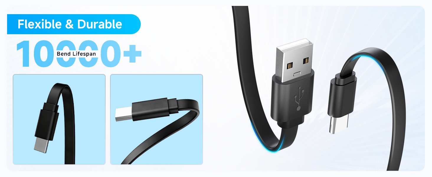 Text reads 'Flexible & Durable' and '10000+'. Multiple images of black USB cables or connectors shown from different angles.