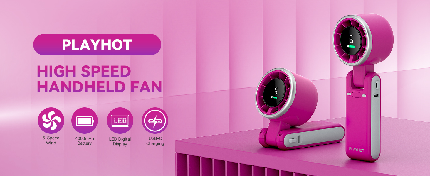 Magenta handheld fan rechargeable LED digital display 4000mAh personal fan mini fan USB C charging