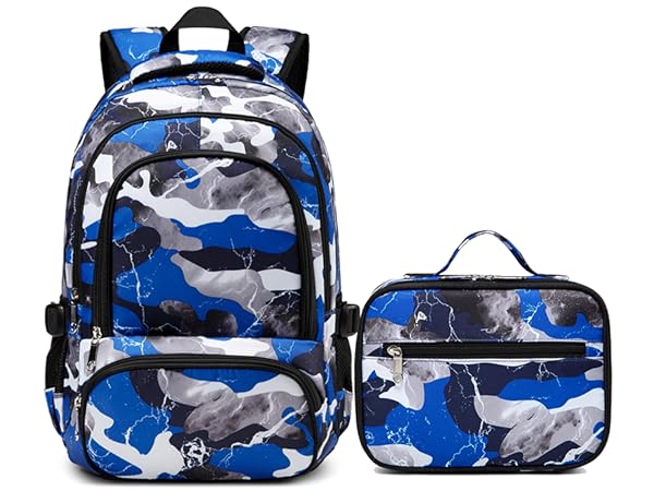 camo blue backpack with lunch box