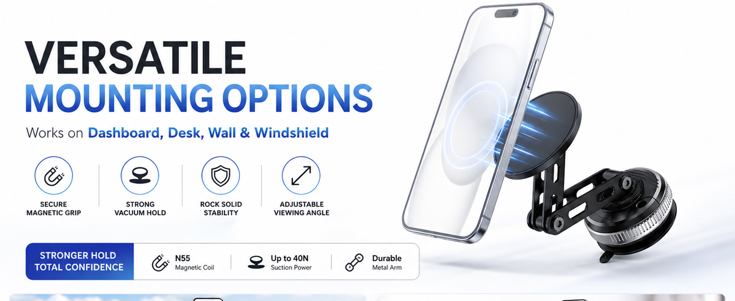 Multi functional, can be used on desktops, windshields, walls, center consoles, etc