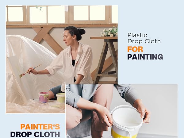 Thick plastic dust sheets shield surfaces from paint spills and debris