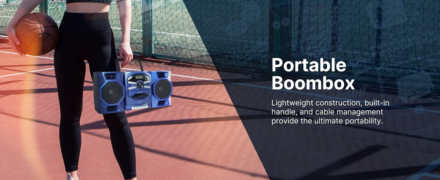 Emerson CD Player Boombox Stereo has built-in carrying handle for portability, lightweight transport