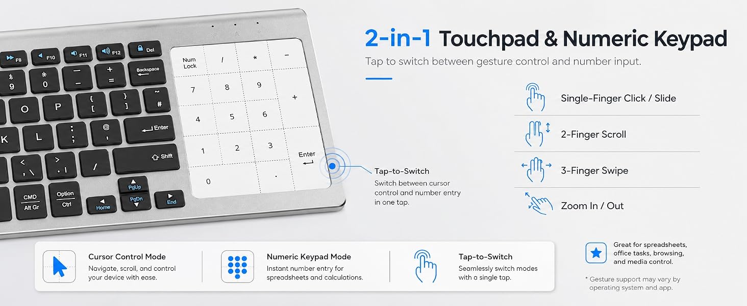 wireless keyboard with touchpad and numeric keypad