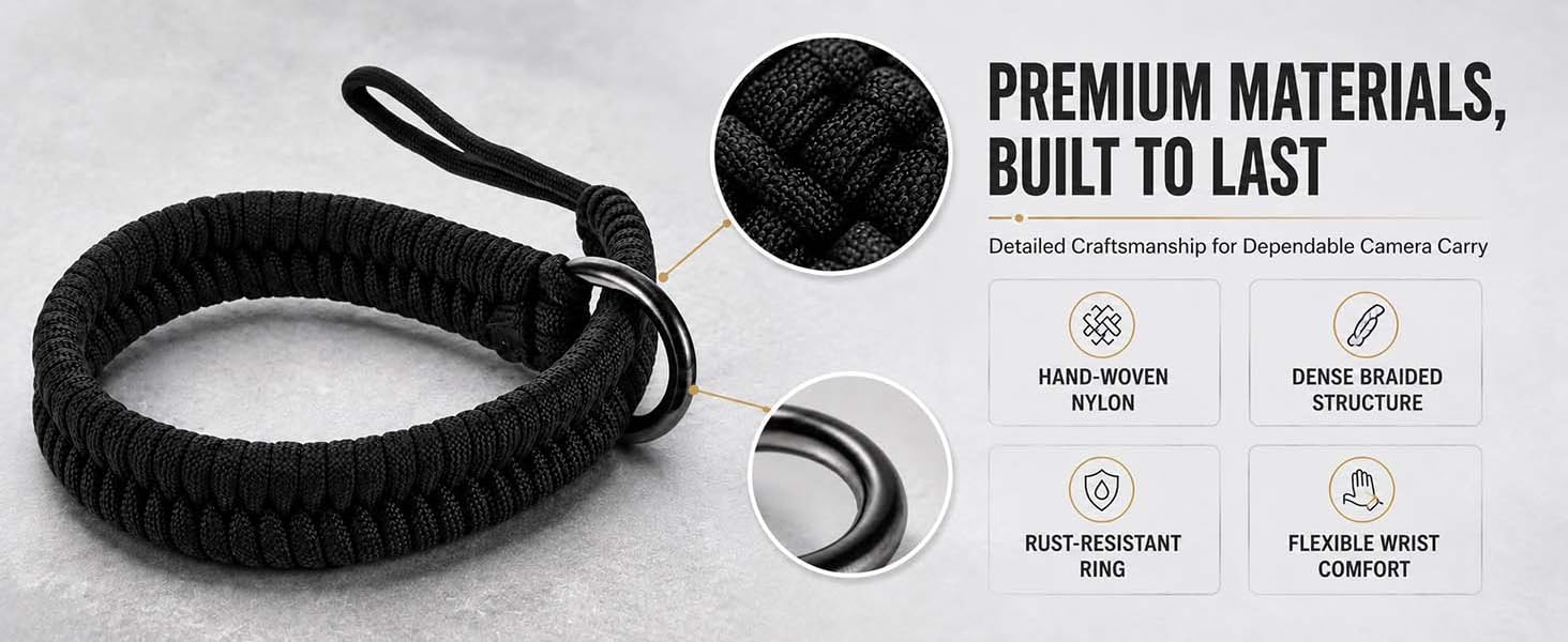 Black hand-woven nylon camera wrist strap with dense braid flexible comfort and rust-resistant ring