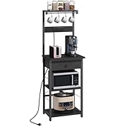 MAHANCRIS Bakers Rack with Drawer, Microwave Stand with Power Outlet, Coffee Bar Station with 4 H...