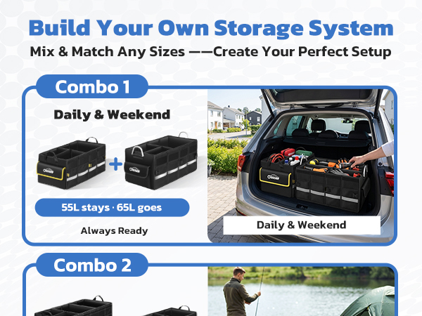 Purchase different sizes of trunk organizer in combination to meet all needs