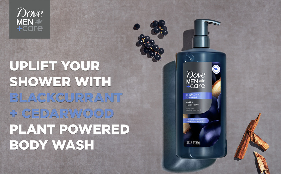 Dove Men+Care logo with text & body wash bottle with pump between cedarwood pieces and blackcurrant.