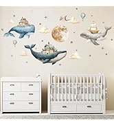 Under The Sea Whales Wall Decal Sticker,Ocean Nursery Wall Sticker,Watercolor Whale, Hot air Ball...