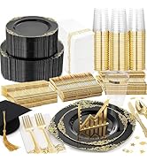 Nervure 350PCS Black Plastic Plates - Black Plastic Dinnerware Sets for 50 Guests - 100 Disposabl...