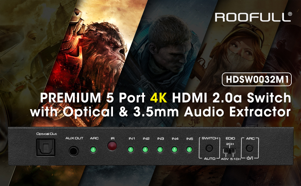 ROOFULL Premium 4K HDMI 2.0a switch with remote and audio extractor