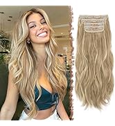 FESHFEN Clip in Hair Extensions for Women - 4 Pcs Thick Double Weft Long Wavy Soft Synthetic Blen...