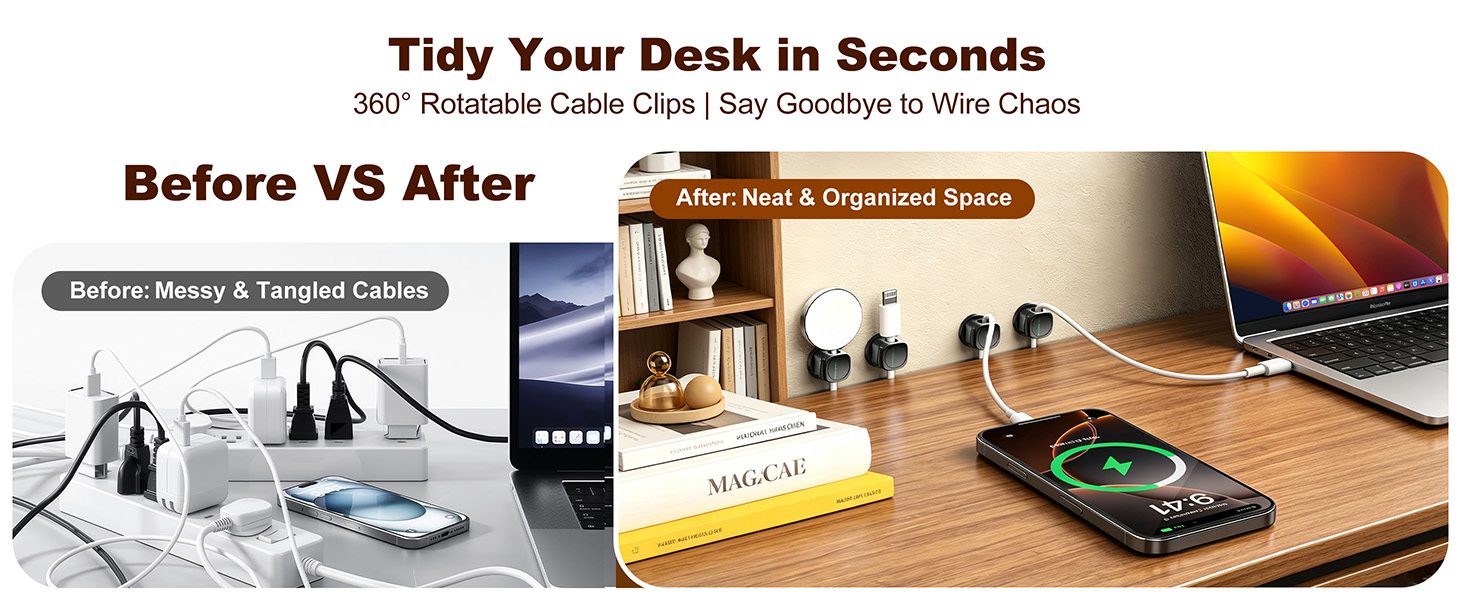 Cable clip before & after, tidy messy tangled wires for clean organized desktop