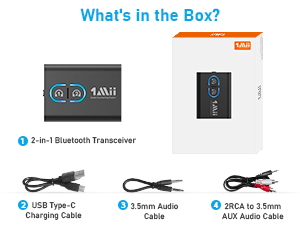 Bluetooth transceiver kit with included accessories: USB Type-C charging cable, 3.5mm audio cable, and RCA to 3.5mm AUX audio cable.