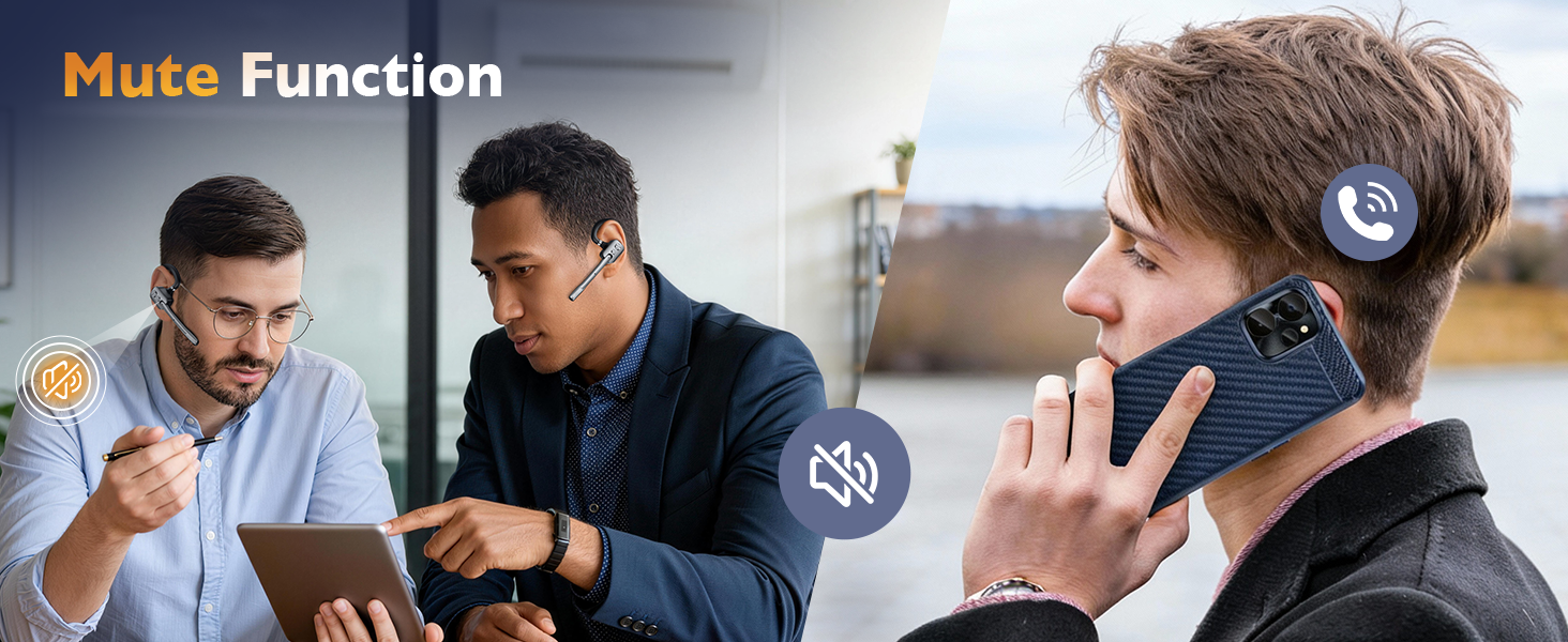 Text reads "Mute Function". Three people shown in business setting wearing wireless headphones with microphones, demonstrating mute functionality feature for calls and communications.