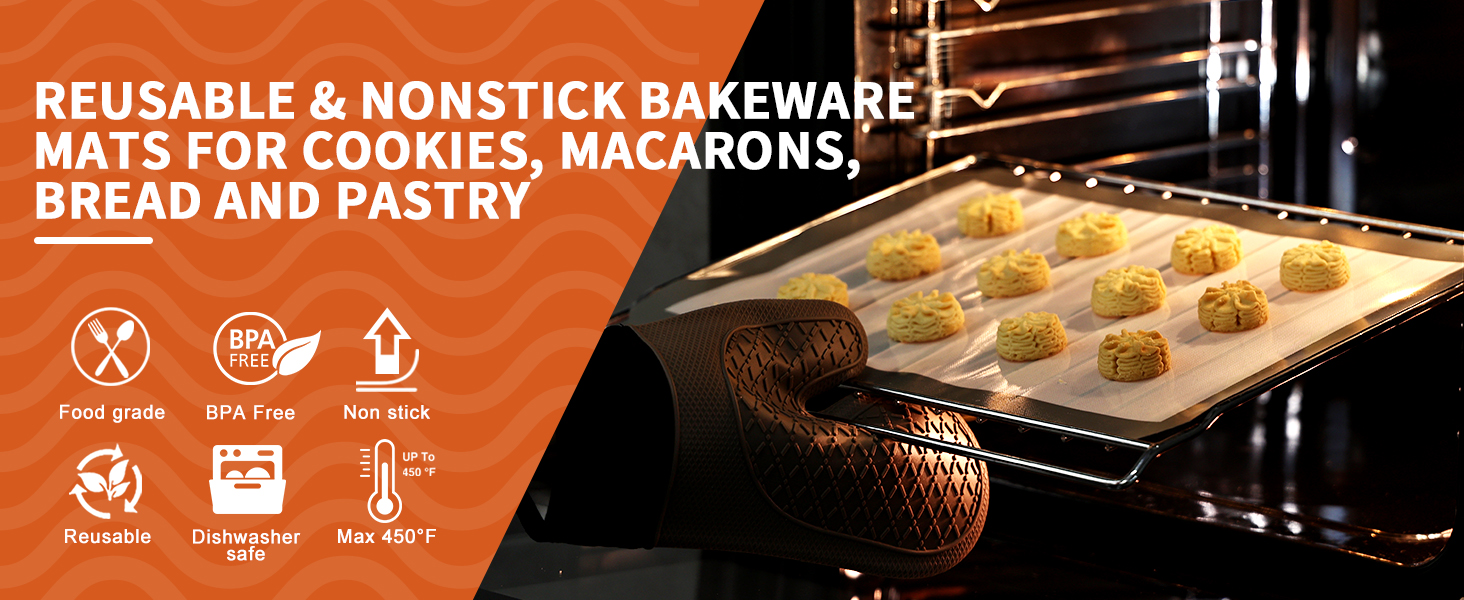Reusable nonstick baking mat advertisement showing golden cookies on baking sheet, with icons indicating product features like heat resistance.