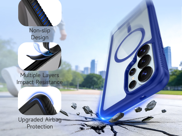 Text reads 'Non-slip Design', 'Multiple Layers Impact Resistance', 'Upgraded Airbag Protection'. Blue phone case shown from multiple angles displaying protective features and airbag technology against urban backdrop.