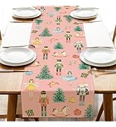 Croar Pink Christmas Nutcracker Dining Table Runner, Cute Xmas Tree Gifts Burlap Kitchen Decorati...